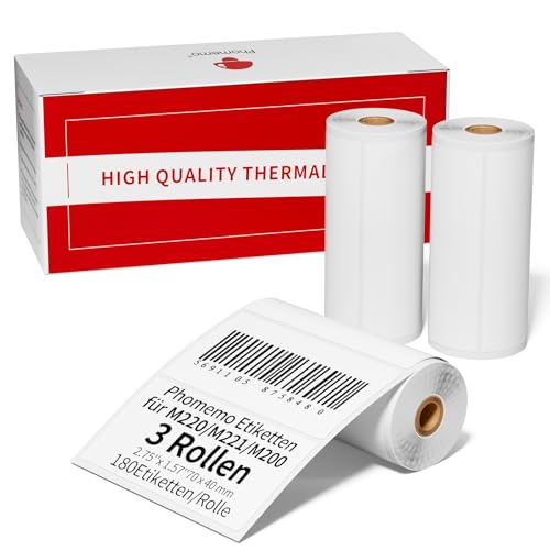 Phomemo 3 Rollen Thermo Etiketten für M221/M220/M200/M250 Etikettendrucker, 2.95''x1.57''(70x40mm) für Barcodes, Adressen, Mailer, Briefmarken, Business, Haushaltsetiketten, Schwarz auf Weiß von Phomemo