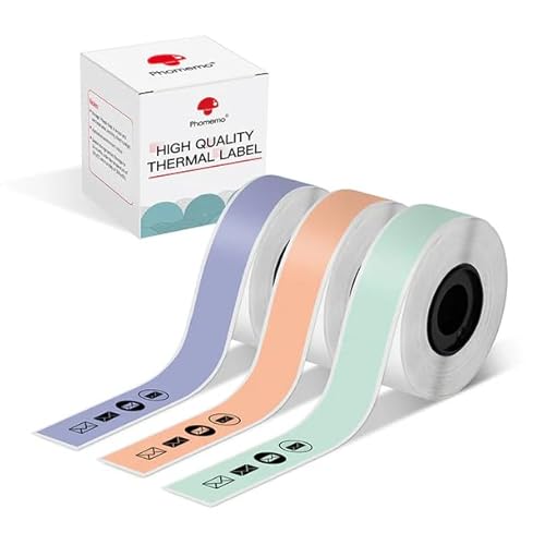 Phomemo D30 Label Maker Endlos-Etikettenband, Schwarz auf Mintgrün, Hellorange, Lavendelviolett Langer Aufkleber Thermopapier Selbstklebendes Etikettenband, 15 x 6m langes Band, 3 Rollen von Phomemo