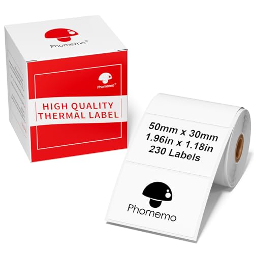 Phomemo M110/M200/M220/M221/M120 Selbstklebende Etiketten, 1.96"x1.18"(50x30mm) Thermoetiketten papier für Phomemo M110/M200/M220/M221/M120 Etikettendrucker, 230 Etiketten pro Rolle. von Phomemo