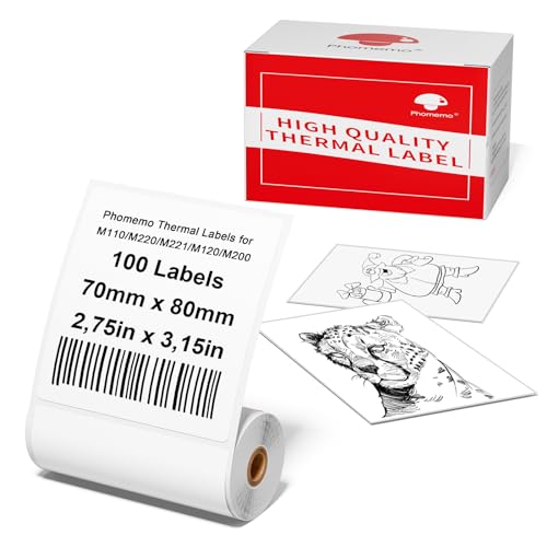 Phomemo M220/M221/M200 Selbstklebende Etiketten, 2.75"x3.15"(70x80mm) Thermoetiketten papier für Phomemo M220/M221/M200 Etikettendrucker, 100 Etiketten pro Rolle von Phomemo