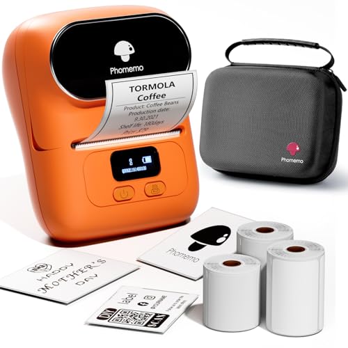 Phomemo M110 Etikettendrucker, Bluetooth Etikettenmacher Set,Tragbarer Etikettiergerät für Kleinunternehmen,Haushalt,Schule,Thermo Etikettenmacher mit 3 Rollen Etiketten und 1 Tragbare Tasche -Orange von Phomemo