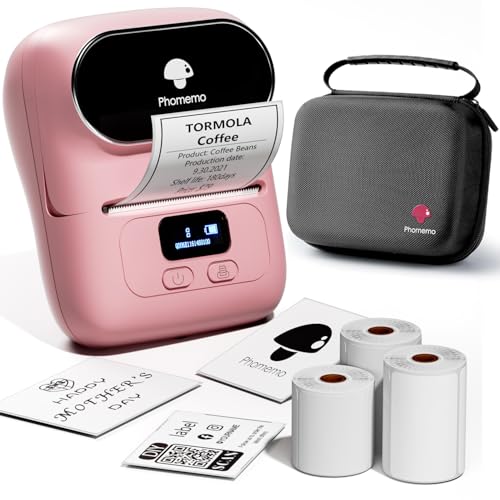 Phomemo M110 Etikettendrucker, Bluetooth Thermo Etikettenmacher Set,Tragbarer Etikettiergerät für Kleinunternehmen,Haushalt,Schule,Aufkleber Drucker mit 3 Rollen Etiketten und 1 Tragbare Tasche -Rosa von Phomemo