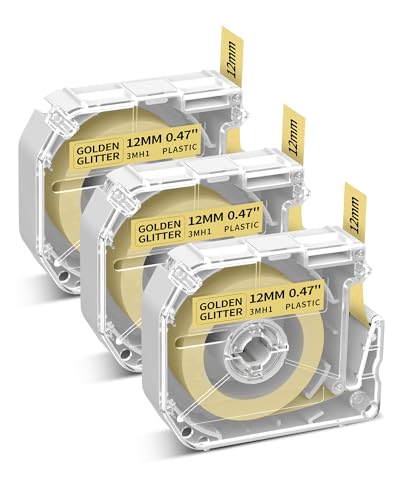 Phomemo M950 M960 Etikettenband x 3 - kompatibel mit Brother P-Touch M-Band, 12mm x 4m, kompatibel mit Brother PT-M95 PT-85 PT-70BM PT-90 PT-65 Etikettendrucker (Schwarz auf Goldene Glitzer, 3er Pack) von Phomemo