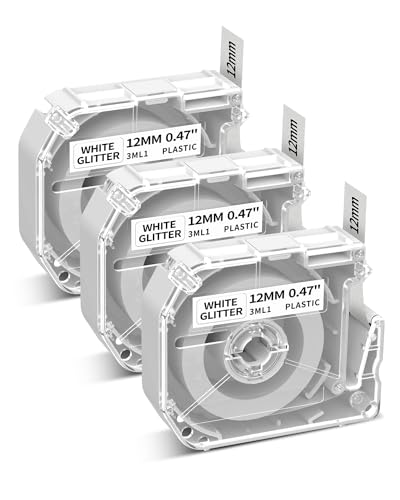 Phomemo M950 M960 Etikettenband x 3 - Kompatibel mit Brother P-Touch M-Band, 12mm x 4m, kompatibel mit Brother PT-M95 PT-85 PT-70BM PT-90 PT-65 Etikettendrucker (Schwarz auf weißem Glitzer) von Phomemo