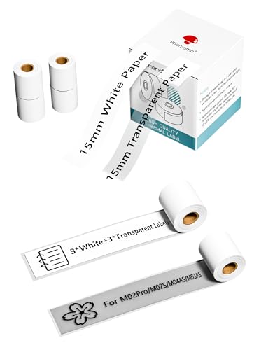 Phomemo Papier Kompatibel mit M02Pro,M02S,M03AS,M04AS Mini Thermodrucker,Weißes Papier(15mm*3.5m, 3 Rollen),Transparent Papier(15mm*3.5m, 3 Rollen) von Phomemo