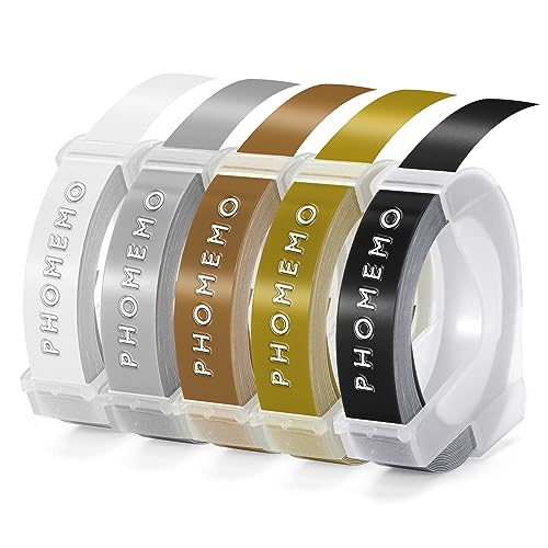 Phomemo Prägeband Kompatibel mit Dymo Omega Etikettenband Ersatz für Dymo 3D Etikettenband 9mm für Dymo Omega Junior Etikettiergerät Prägegerät(Weiß auf Schwarz|Gold|Silber|Klar|Champagnergold,5 Stück von Phomemo