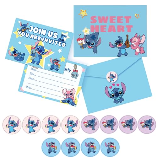 Phonennivznrvanz 12 Stück Stitch Geburtstagsparty-Einladungskarten, Cartoon-Einladungskarten mit 12 Umschlägen, Geburtstagseinladungen für Kindergeburtstag, Partyzubehör von Phonennivznrvanz