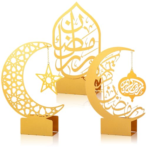 Photect 3 Stück Eid al-Adha Metall Ramadan Tisch Deko Gold Eid Mubarak Tischdekoration Stern Mond Islamische Tischschilder Esstisch Ornamente Teelichthalter für Tafelaufsatz Deko Party Geschenk von Photect