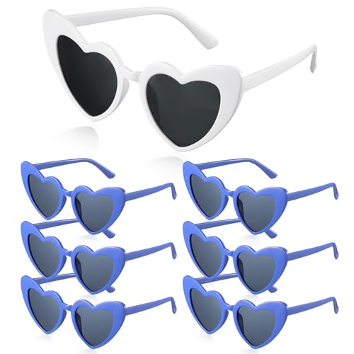 Photect 7 Stück Herzform Sonnenbrillen Braut Herz Brillen Vintage Hochzeit Brillen UV400 Retro Herz Sonnenbrille für JGA Deko Brautparty Brautjungfern Geschenk Fasching Accessoires (Weiß, Blau) von Photect