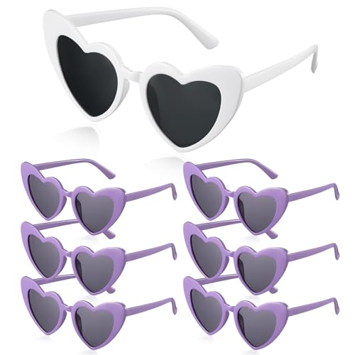 Photect 7 Stück Herzform Sonnenbrillen Braut Herz Brillen Vintage Hochzeit Brillen UV400 Retro Herz Sonnenbrille für JGA Deko Brautparty Brautjungfern Geschenk Fasching Accessoires (Weiß, Lila) von Photect