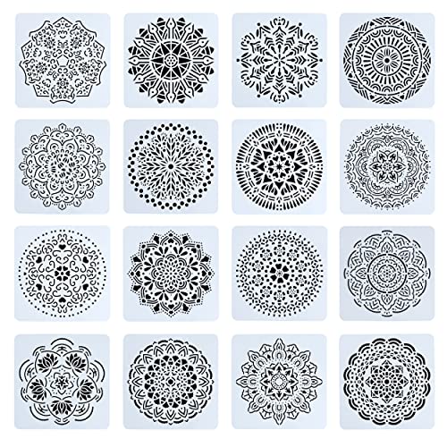 16 Stück Mandala Painting Stencils Schablone, Mandala Schablone Wiederverwendbare DIY Malerei Vorlage Stencil Kits, Mandala Skala Schablonen Malen für Felsenstein Malerei Leinwand Möbel Handwerk von Piacolnic