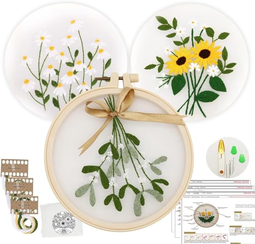 Anfänger Stickerei Set, 3 Muster Handmade Embroidery Starter Kit, Kreuzstich-Set Embroidery Starter Kit mit 1 Stück Kunststoff-Stickrahmen Farbfäden und Werkzeuge für DIY Kunst Handwerk Nähen von Piacolnic