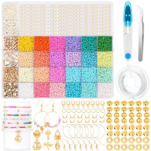 12760 Stück Perlen für Armbänder 3mm 24 Bunte Glasperlen Set, DIY Perlen zum Auffädeln mit Buchstabenperlen, Armbänder Selber Machen Kinder Bracelet Making Kit für Weihnachten, Freundschaftsarmbänder von Piaxle