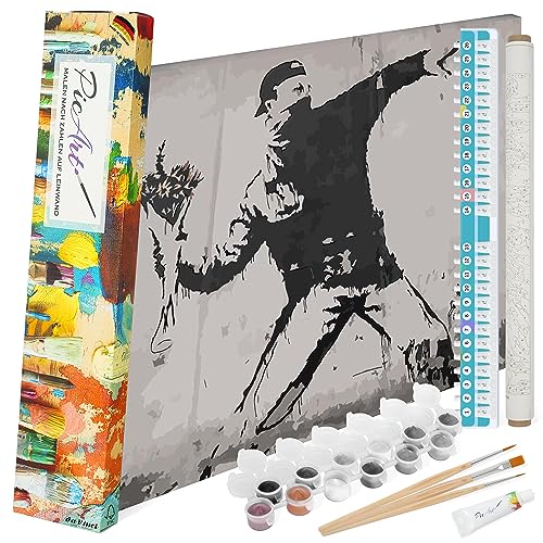 PicArt Malen nach Zahlen Set - Banksy Blumenwurf 40cm x 50cm Leinwand – mit Acrylfarben & da Vinci Pinsel – Made in Germany, fertig bespannt von PicArt
