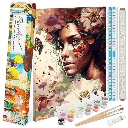 PicArt Malen nach Zahlen Set - Blumenhaar 40cm x 50cm Leinwand – mit Acrylfarben & da Vinci Pinsel – Made in Germany, fertig bespannt von PicArt