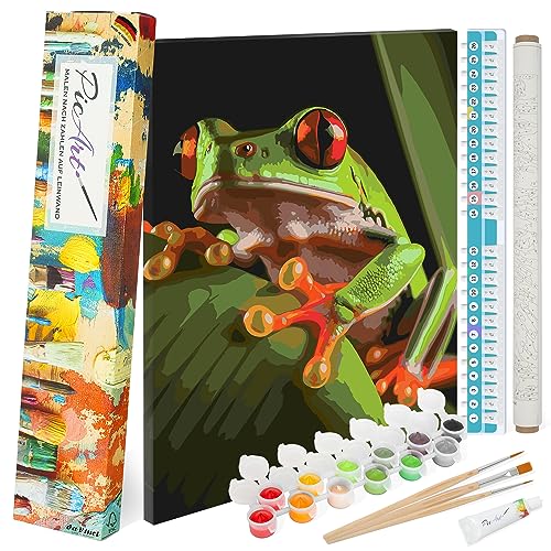 PicArt Malen nach Zahlen Set - Frosch 40cm x 50cm Leinwand – mit Acrylfarben & da Vinci Pinsel – Made in Germany, ohne Rahmen von PicArt