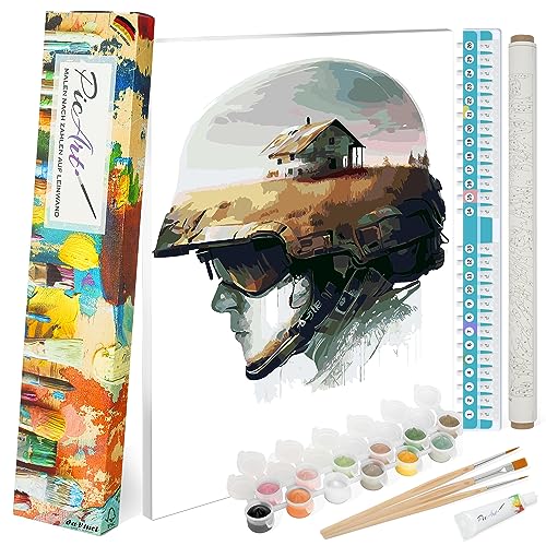 PicArt Malen nach Zahlen Set - Helm mit Farm 40cm x 50cm Leinwand – mit Acrylfarben & da Vinci Pinsel – Made in Germany, mit Rahmen von PicArt