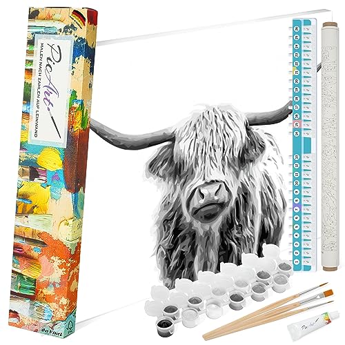 PicArt Malen nach Zahlen Set - Hochlandrind 40cm x 50cm Leinwand – mit Acrylfarben & da Vinci Pinsel – Made in Germany, ohne Rahmen von PicArt