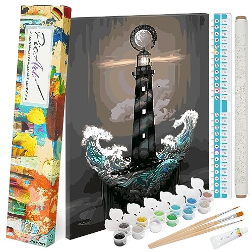 PicArt Malen nach Zahlen Set - Leuchtturm 40cm x 50cm Leinwand – mit Acrylfarben & da Vinci Pinsel – Made in Germany, mit Rahmen von PicArt