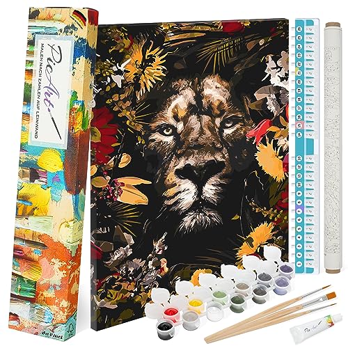 PicArt Malen nach Zahlen Set - Löwe 40cm x 50cm Leinwand – mit Acrylfarben & da Vinci Pinsel – Made in Germany, ohne Rahmen von PicArt