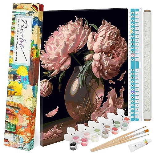 PicArt Malen nach Zahlen Set - Pfingstrosen 40cm x 50cm Leinwand – mit Acrylfarben & da Vinci Pinsel – Made in Germany, fertig bespannt von PicArt