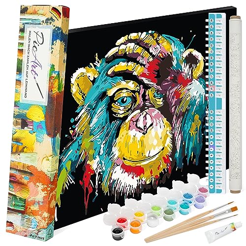 PicArt Malen nach Zahlen Set - Schimpanse 40cm x 50cm Leinwand – mit Acrylfarben & da Vinci Pinsel – Made in Germany, ohne Rahmen von PicArt