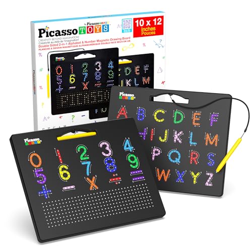 PicassoTiles 2-in-1 Doppelseitiges Magnetisches Zeichenbrett ABC A-Z Buchstabe, Zahl und Freestyle Schreibtafel 12x10 Zoll Großer Magnet Tablet Pad Open-Ended Leder Löschbar Wiederverwendbare Spielset von PicassoTiles