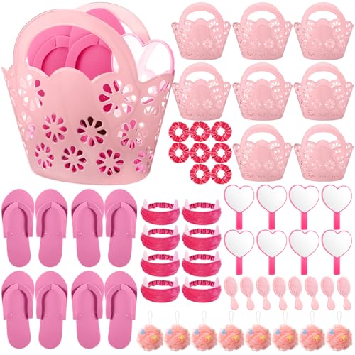 Pickmesh 8 Sets Sleepover Partyzubehör für Übernachtungen, Partyzubehör, Spa-Partyzubehör mit Geschenkkorb, Haargummis, herzförmige Spiegel, Stirnbänder, Haarbürste, Hausschuhe, Luffa, Rosa von Pickmesh