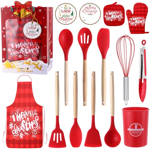 Pickmesh Weihnachten Kochen und Backen Set Xmas Küche Geschenkset Weihnachten Chef Silikon Küchengeschirr Set mit Schürze Ofenhandschuh Küchenutensilien Geschenktüten Grußkarten Weihnachten Party von Pickmesh