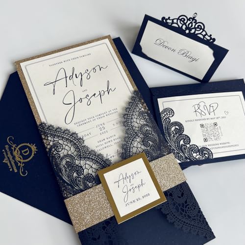 Picky Bride Hochzeitseinladungs-Suite mit RSVP-Karte, lasergeschnitten, Marineblau und Gold, 1 Set von Picky Bride