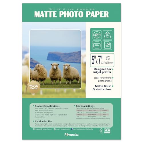 Pikapoka Mattes Fotopapier für Tintenstrahl- und Laserdrucker, 200 g/m², einseitiges mattes Papier, 5R, 100 Stück von Pikapoka