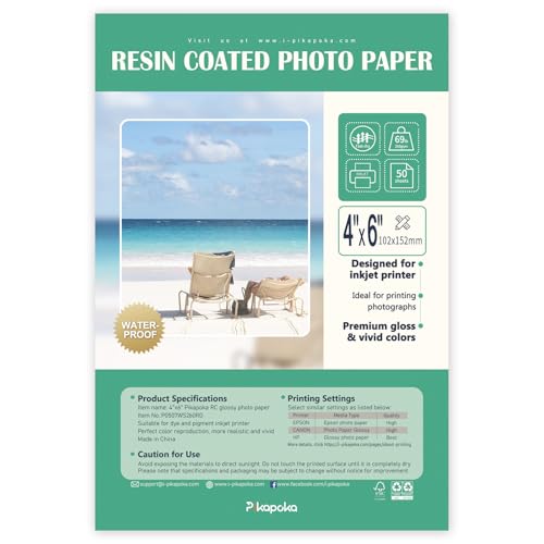 Ultra-Premium-glänzendes RC-Fotopapier, professionelles und schweres, metallisch harzbeschichtetes Fotopapier, geeignet für Pigment- und Farbstoff-Tintenstrahldrucker, wasserdicht, 4 x 6, 50 Stück von Pikapoka