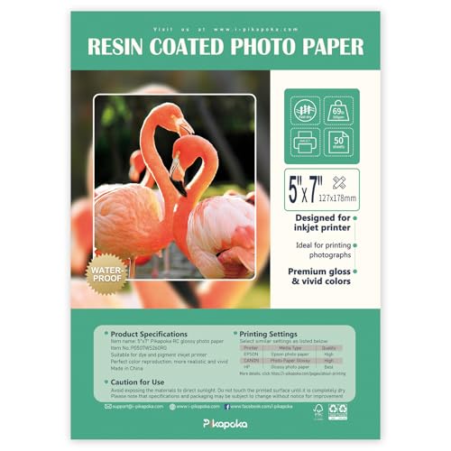 Ultra-Premium-glänzendes RC-Fotopapier, professionelles und schweres, metallisch harzbeschichtetes Fotopapier, geeignet für Pigment- und Farbstoff-Tintenstrahldrucker, wasserdicht, 5 x 7, 50 Stück von Pikapoka