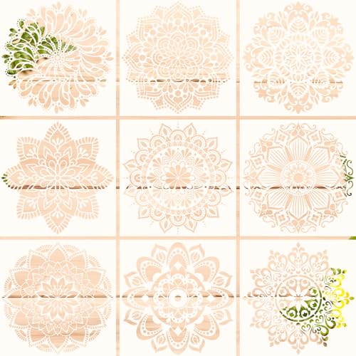 Pilikoll 9 Stück 30x30cm Mandala Schablone Set Mandala Dotting Schablone Mandala Wand Schablonen Groß Mandala Schablonen Mandala Painting Stencils Schablone für Wand, Boden, Fliese Dekoratio von Pilikoll