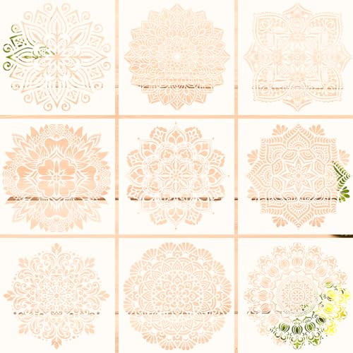 Pilikoll 9 Stück Groß Mandala Schablonen Stencils Set 30x30cm Mandala Schablonen-Set Mandala Blume Schablonen DIY Blume Handwerk Schablone für Wand, Boden, Fliese Dekoratio von Pilikoll