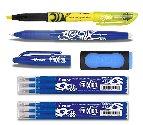 1 Frixion Ball blau + 6er-Set Mine + Radierer + Textmarker gelb (+ extra Radierer | 6 Minen, Blau | gelb) von Pilot Pen