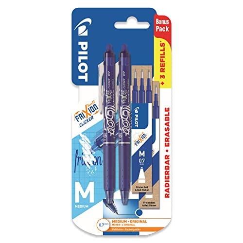 Pilot Frixion Clicker Gelschreiber, einziehbar, radierbar, blaue Tinte, mittlere 0,7 mm Spitze, 2 Stück + 6 Bonus-Nachfüllminen von Pilot Pen