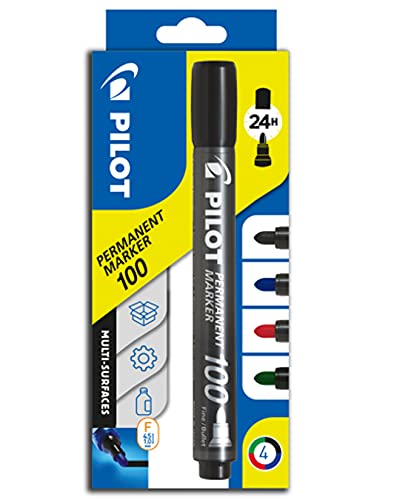 PILOT Permanent Marker 100 mit Rundspitze, 4er Set (Blau, Schwarz, Rot, Grün) von Pilot