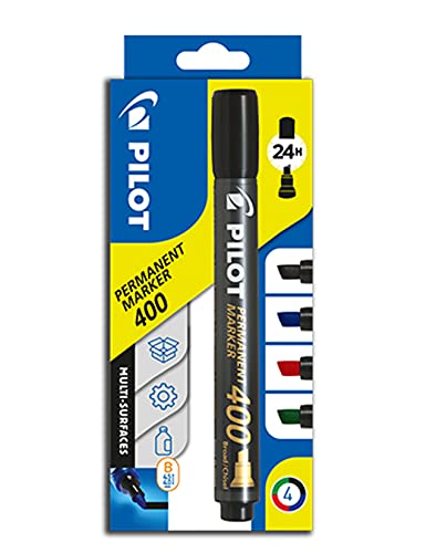 PILOT Permanent Marker 400 mit Keilspitze, 4er Set (Blau, Schwarz, Rot, Grün) von Pilot