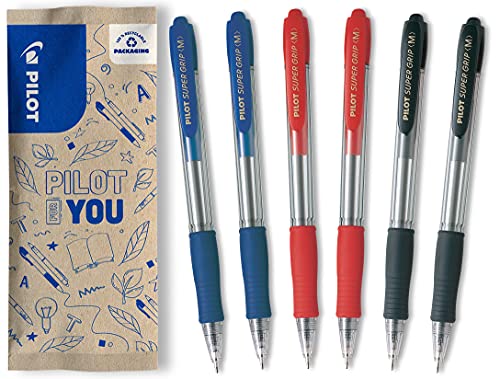 PILOT Super Grip, Kugelschreiber, 6er Set in M (Blau, Schwarz, Rot) von PILOT