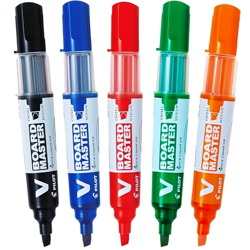 PILOT V-Board Master, Whiteboard Marker mit Keilspitze, 5er Set (Schwarz, Rot, Blau, Grün, Orange) von PILOT