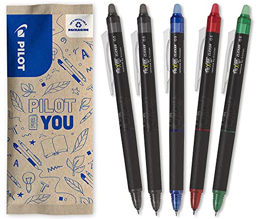 Pilot - 5 Stück Frixion Point Clicker 0,5 – Druckkugelschreiber mit wärmeempfindlicher Tinte – 2 x Schwarz, Blau, Rot, Grün – nachfüllbarer Kugelschreiber, feine Spitze von Pilot