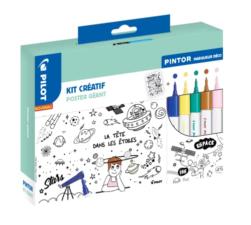 Pilot PINTOR Kreativ-Set – Deko-Marker – 1 Riesen-Poster + 5 Marker mit feiner Spitze, Dunkelblau/Gelb/Grün/Braun/Rosa von Pilot