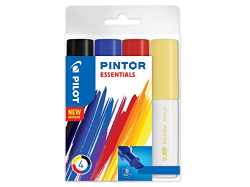 Pilot - Set mit 4 Pintor-Markern – Multi-Support-Farben auf Wasserbasis, schnelltrocknend – Textil, Glas, Holz, Stein, DIY – Essential-Pack Schwarz, Blau, Rot, Gelb – breite Spitze von Pilot