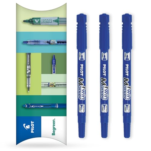 Pilot Twin Marker Pen – Permanente 2-in-1-Marker, feine und extra feine Doppelspitzen, 76 % recycelte Begreen Range (Blau, 3 Stück) von Pilot