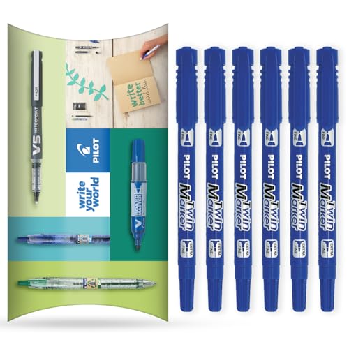 Pilot Twin Marker Pen – Permanente 2-in-1-Marker, feine und extra feine Doppelspitzen, 76 % recycelte Begreen Range (Blau, 6 Stück) von Pilot