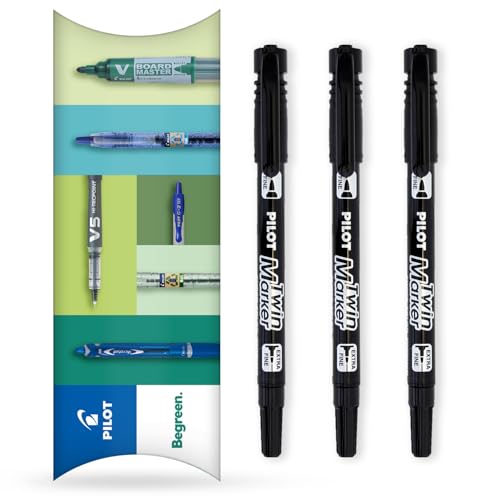 Pilot Twin Marker Pen – Permanente 2-in-1-Marker, feine und extra feine Doppelspitzen, 76 % recycelte Begreen Range (Schwarz, 3 Stück) von Pilot