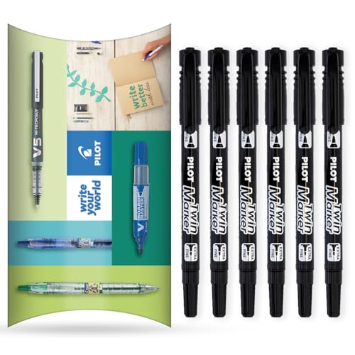 Pilot Twin Marker Pen – Permanente 2-in-1-Marker, feine und extra feine Doppelspitzen, 76 % recycelte Begreen Range (Schwarz, 6 Stück) von Pilot