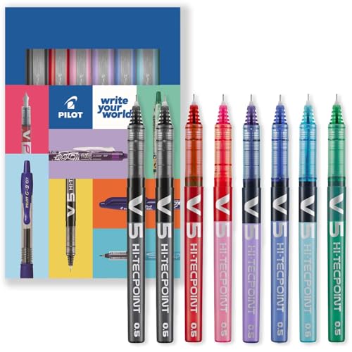 Pilot V5 Hi-Tecpoint Kugelschreiber Stifte, feine 0,5 mm Spitze, 2 x schwarze, blaue, hellblaue, grüne, violette, rosa und rote Tinte, Geschenketui aus Karton, 8 Stück von Pilot