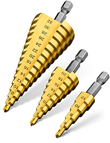 Pinava® HSS Stufenbohrer Set 3tlg - [robust & scharf] - Kegelbohrer für saubere Bohrlöcher - Schälbohrer ideal für Metall, Holz, Kunststoffe - Blechbohrer, Konusbohrer Ø 4-32mm, 4-20mm, 4-12mm von Pinava